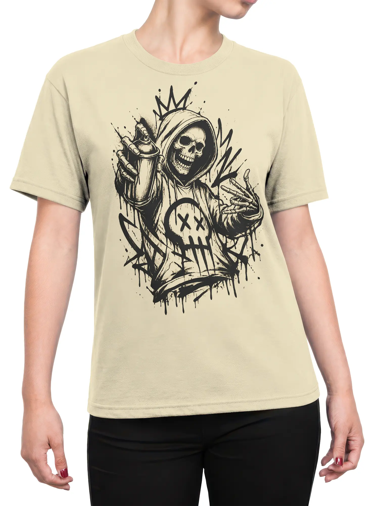 Female torso wearing a beige T-shirt with a crowned hooded skeleton and spray can graphic