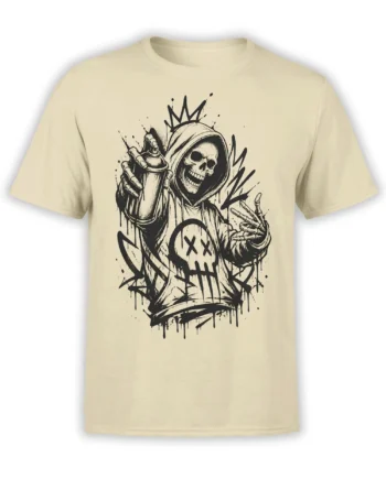 Beige T-shirt with a crowned hooded skeleton holding a spray can in bold black graffiti-style artwork