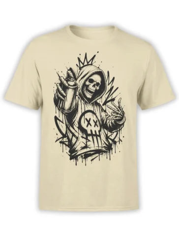 Beige T-shirt with a crowned hooded skeleton holding a spray can in bold black graffiti-style artwork