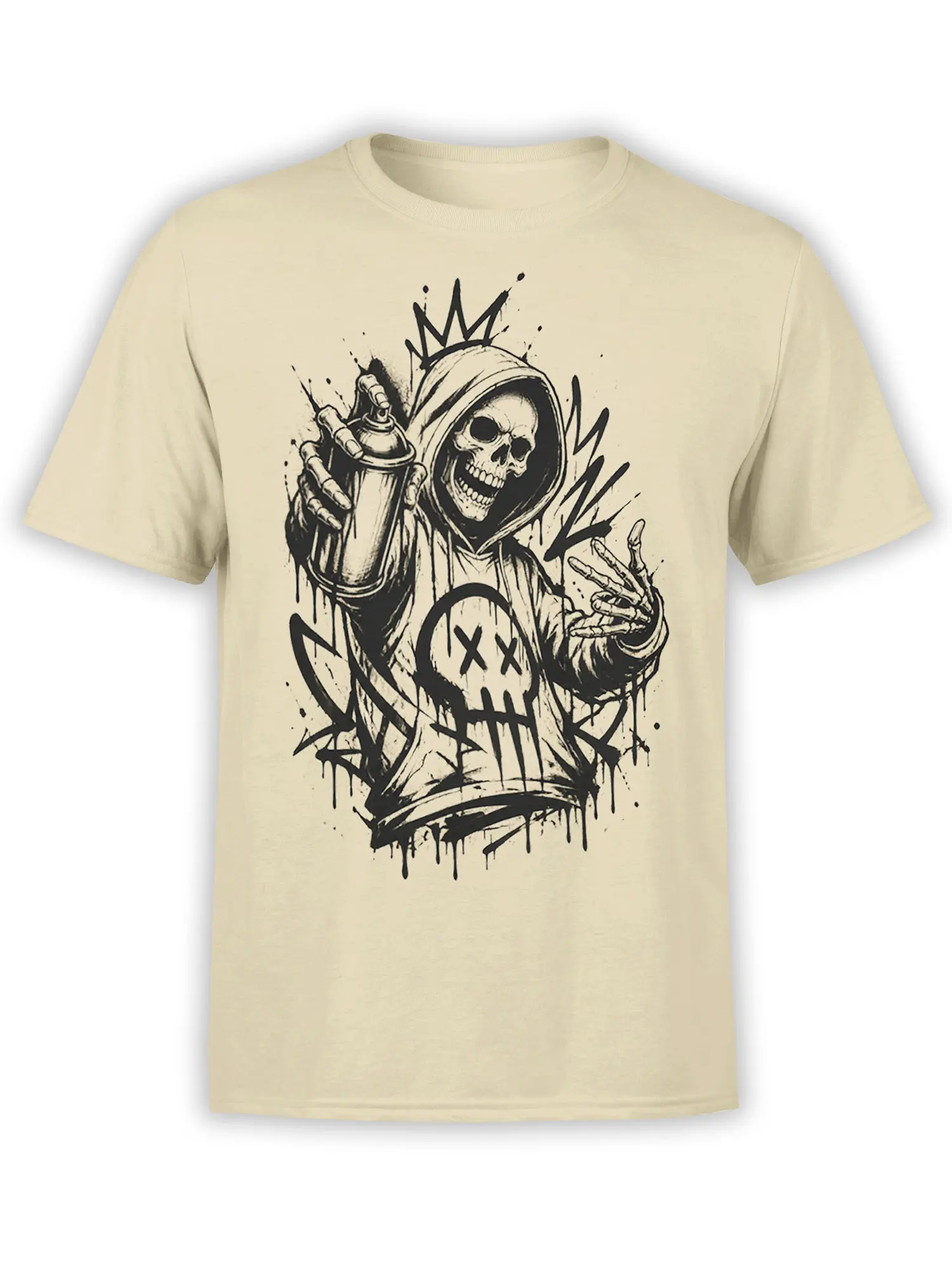 Beige T-shirt with a crowned hooded skeleton holding a spray can in bold black graffiti-style artwork