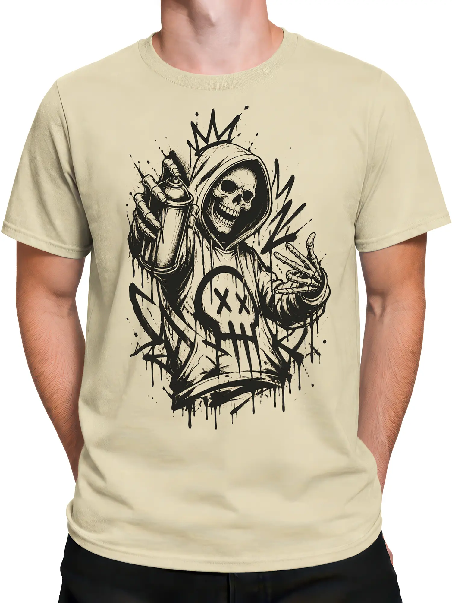 Male torso wearing a beige T-shirt with a crowned hooded skeleton and spray can graphic