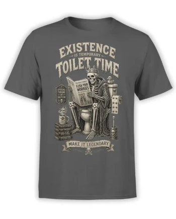 Gray T-shirt with a crowned skeleton reading a newspaper on a toilet throne in vintage sepia artwork