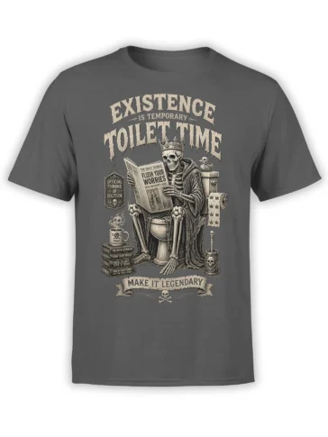 Gray T-shirt with a crowned skeleton reading a newspaper on a toilet throne in vintage sepia artwork