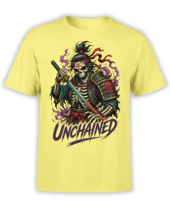 Yellow T-shirt with an unchained skeleton samurai holding a katana amid purple energy