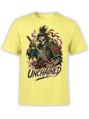 Yellow T-shirt with an unchained skeleton samurai holding a katana amid purple energy