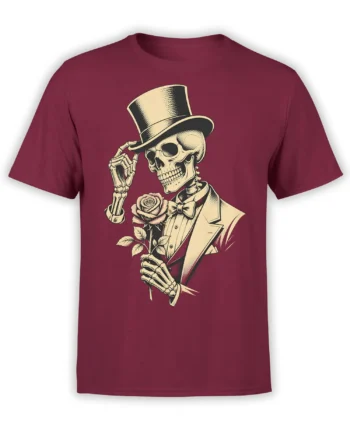Dapper skeleton in a top hat and bow tie holding a rose on a burgundy T-shirt