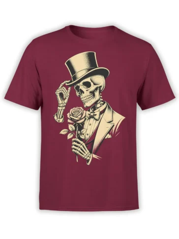 Dapper skeleton in a top hat and bow tie holding a rose on a burgundy T-shirt
