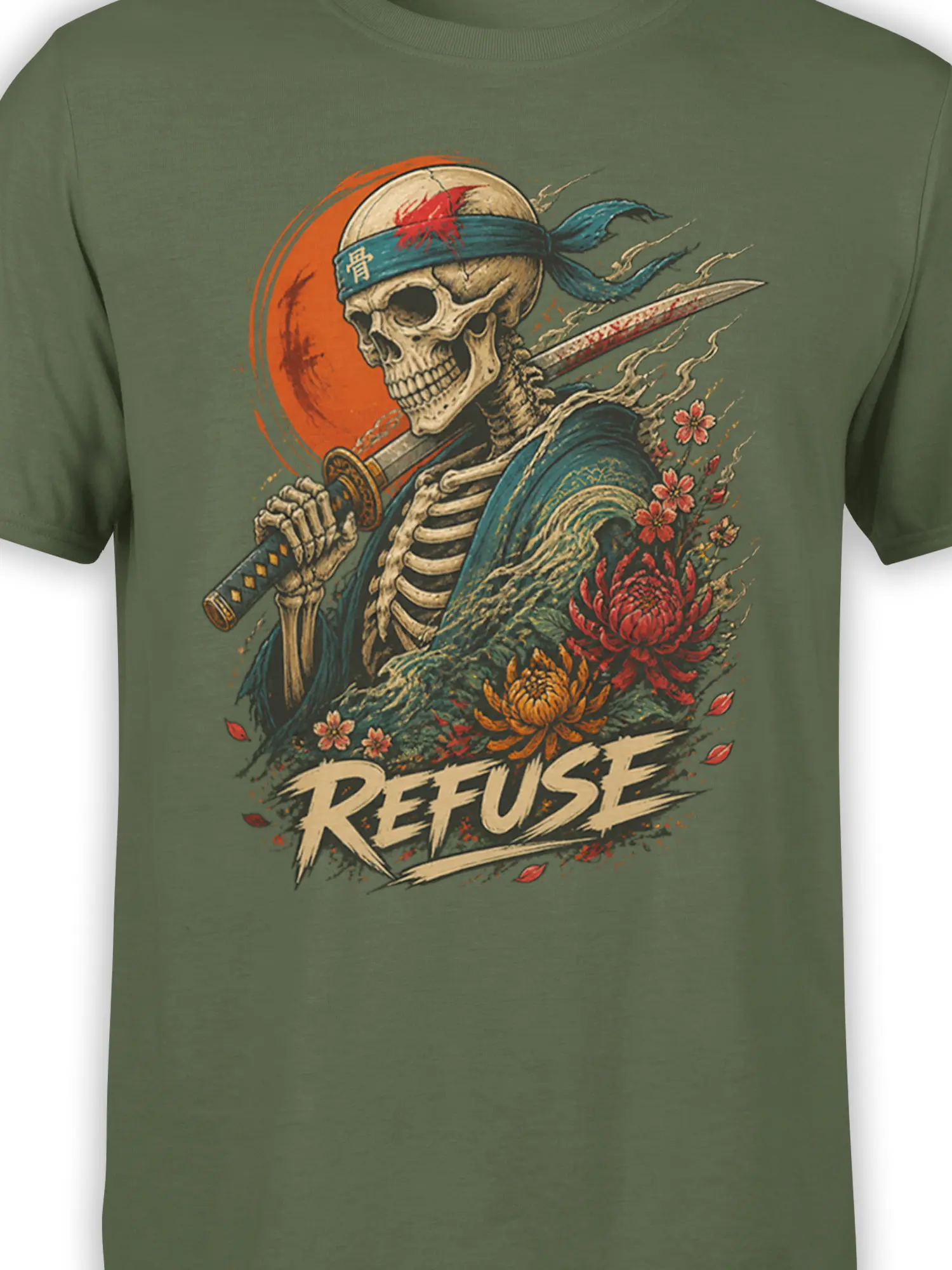 Close-up of skeleton warrior sword, blue headband, flowers, and “REFUSE” design on olive green fabric