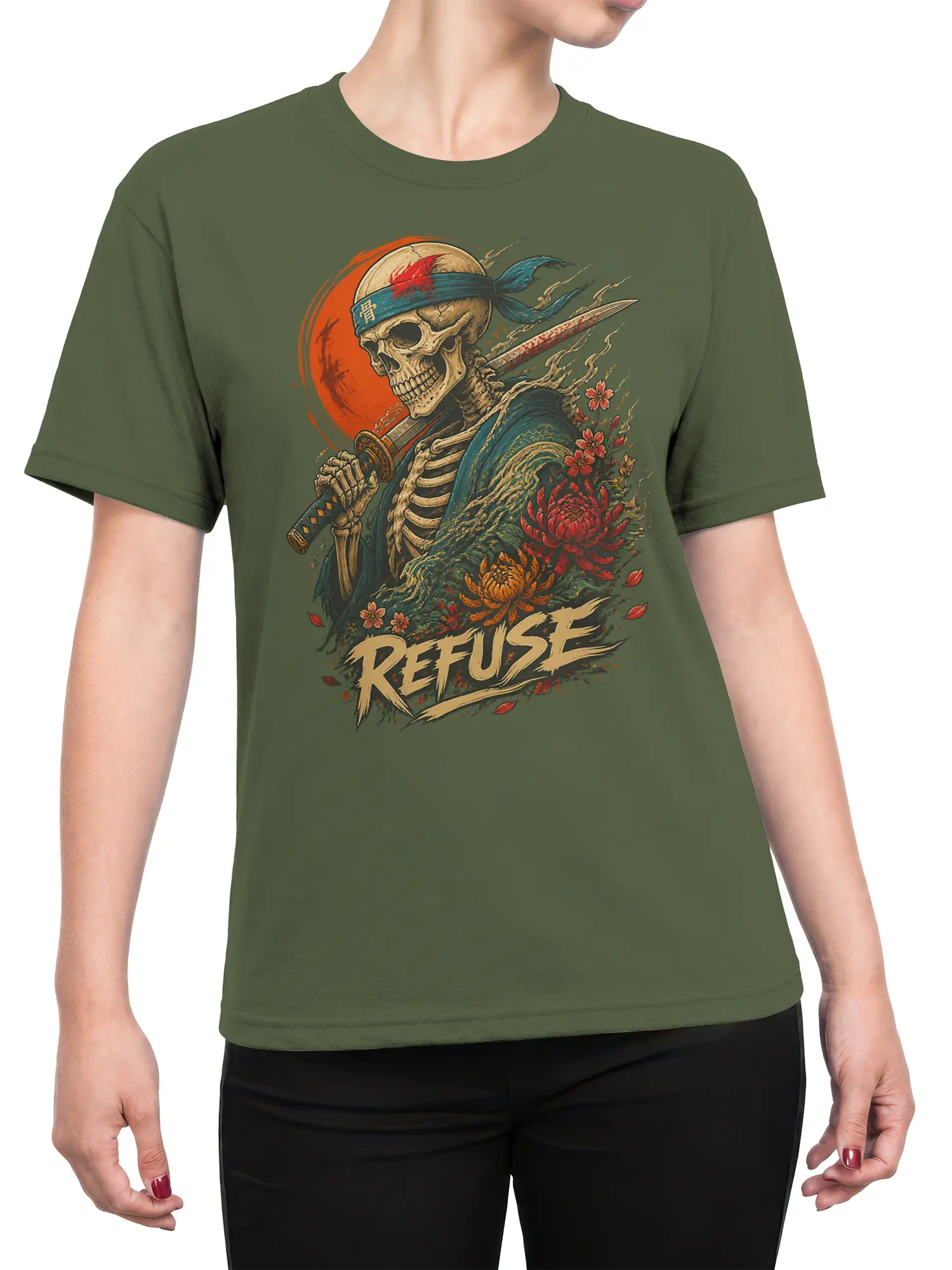 Female torso wearing an olive green skeleton warrior T-shirt with sword, flowers, and “REFUSE” artwork