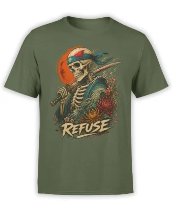 Olive green T-shirt with a skeleton warrior holding a sword, flowers, and bold “REFUSE” lettering