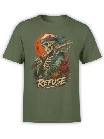 Olive green T-shirt with a skeleton warrior holding a sword, flowers, and bold “REFUSE” lettering