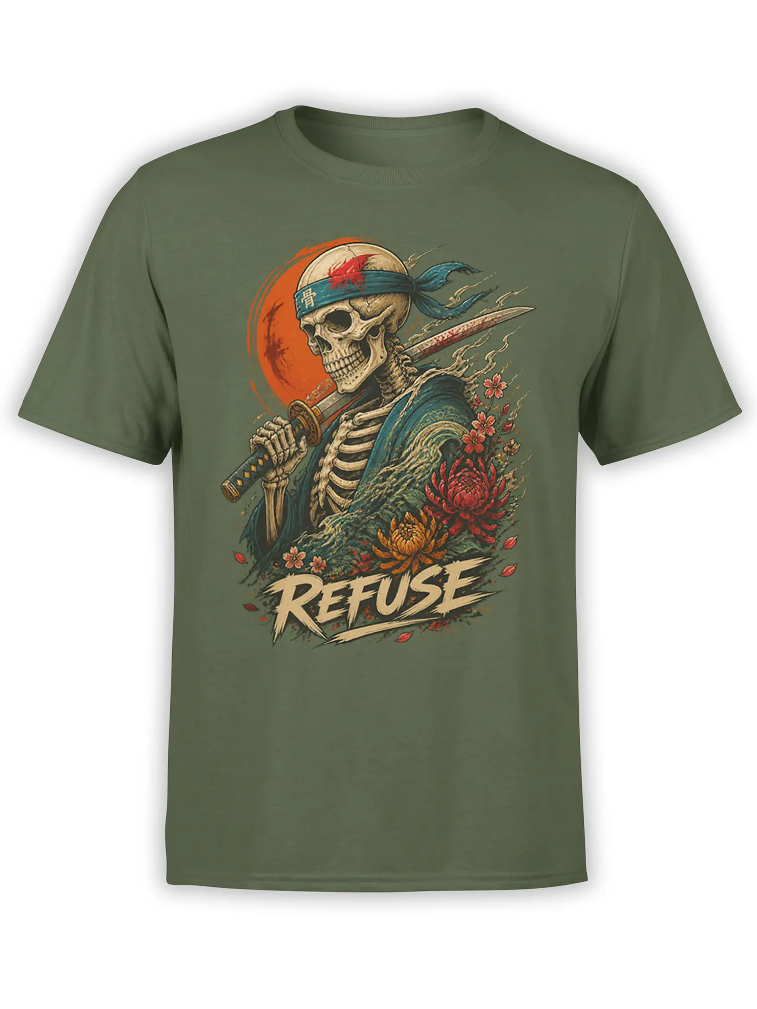 Olive green T-shirt with a skeleton warrior holding a sword, flowers, and bold “REFUSE” lettering