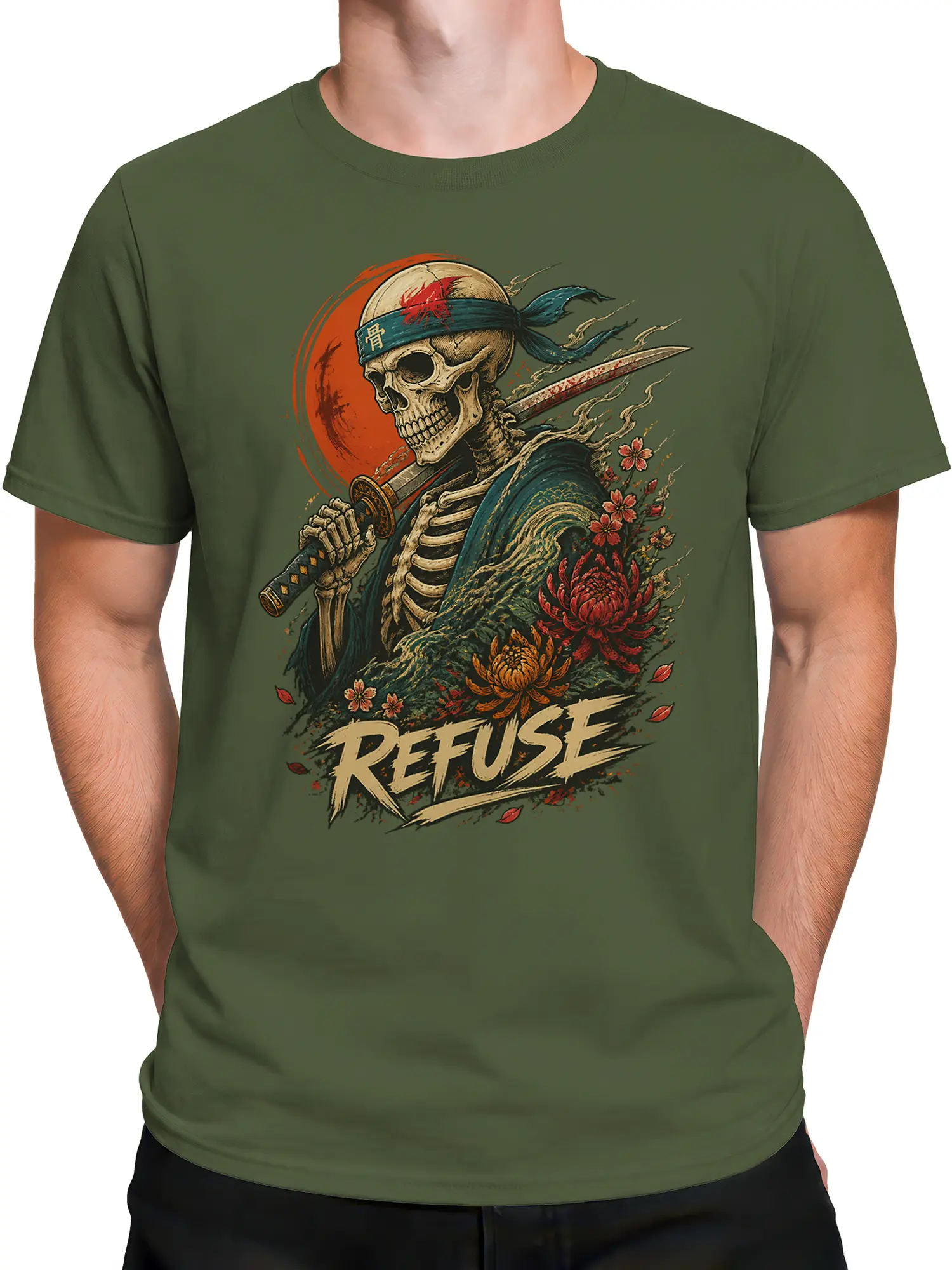Male torso wearing an olive green skeleton warrior T-shirt with sword, flowers, and “REFUSE” artwork