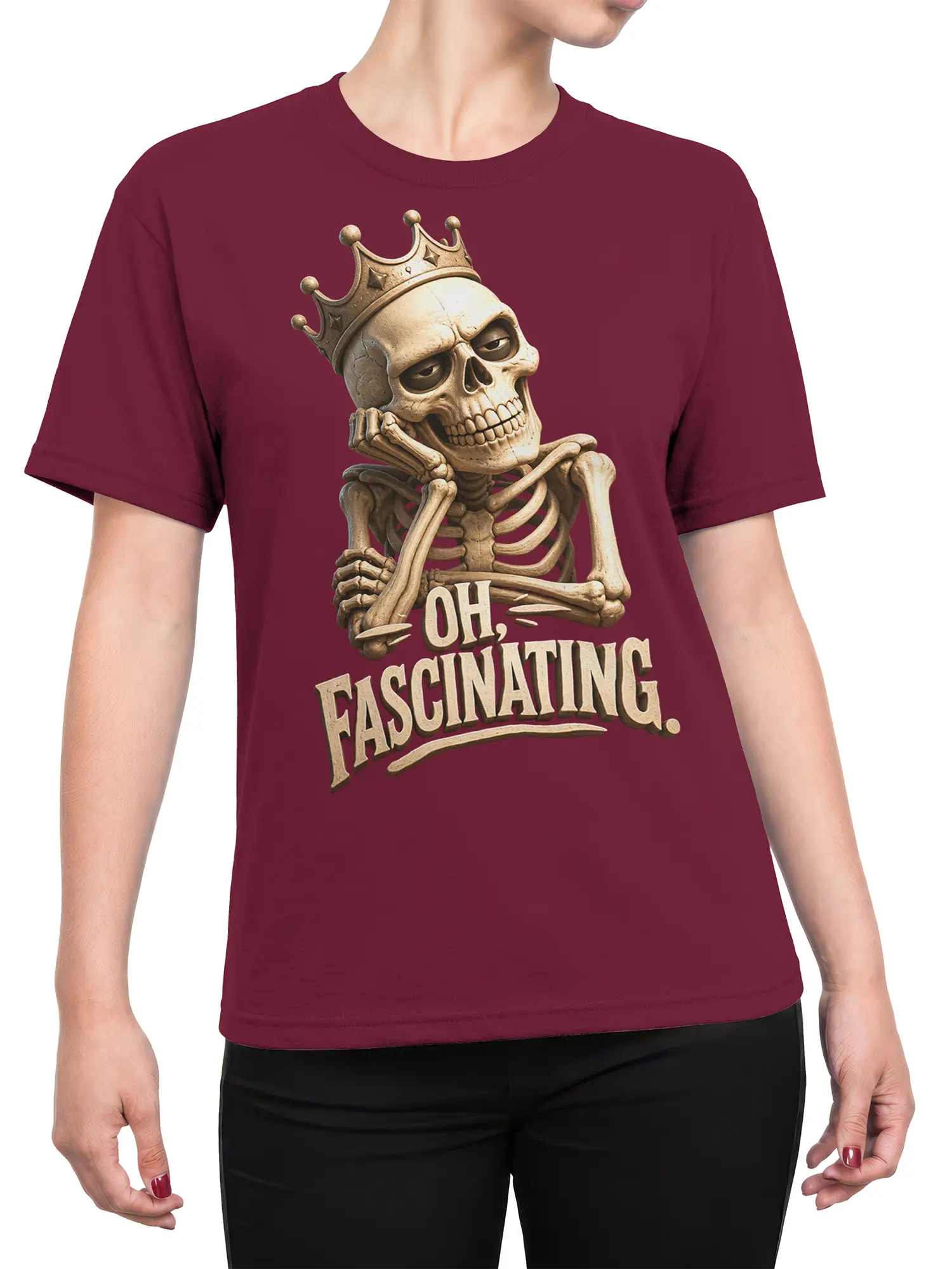 Female torso wearing a burgundy crowned skeleton T-shirt with “OH, FASCINATING” vintage artwork