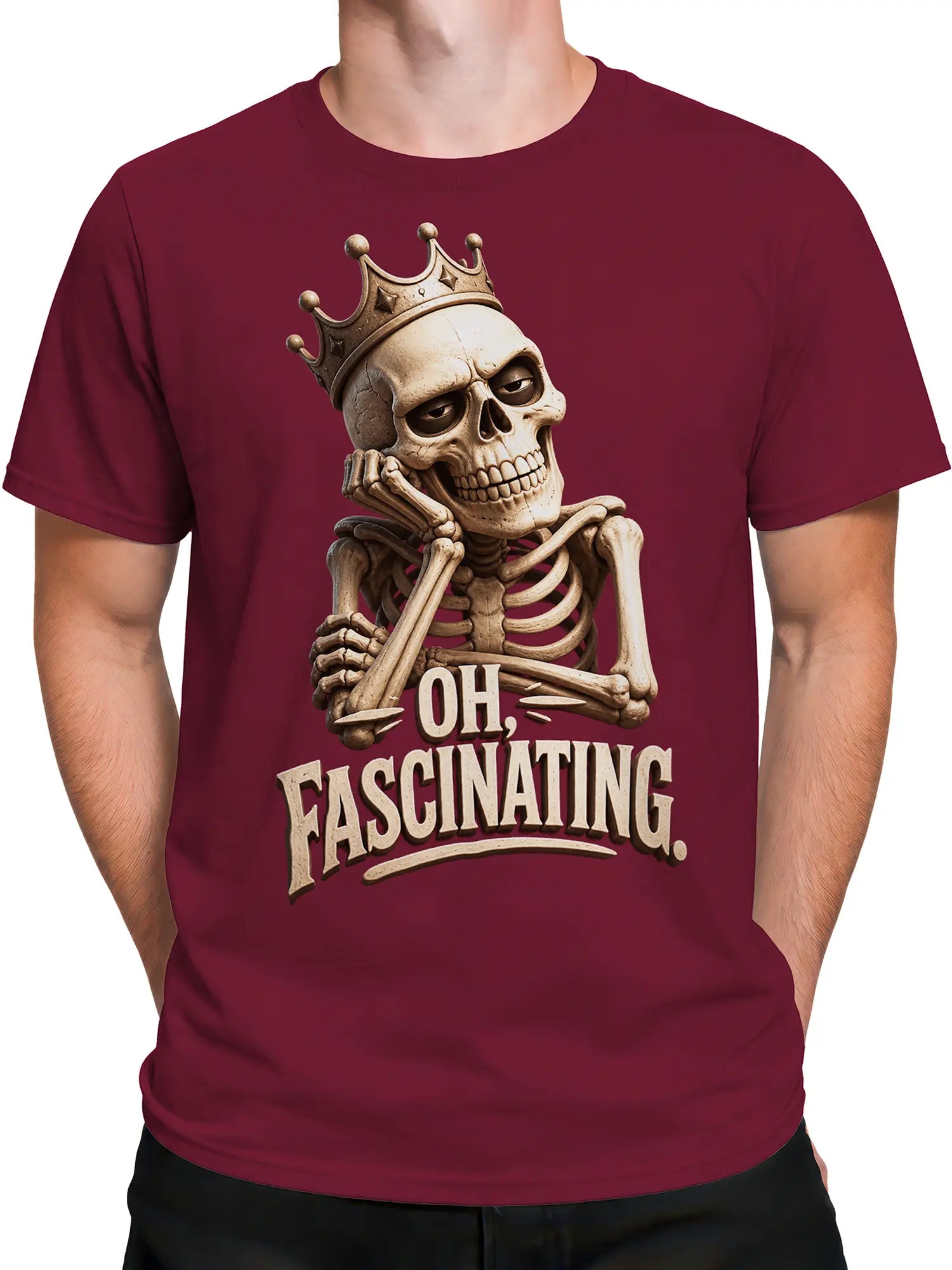Male torso wearing a burgundy crowned skeleton T-shirt with sarcastic vintage lettering