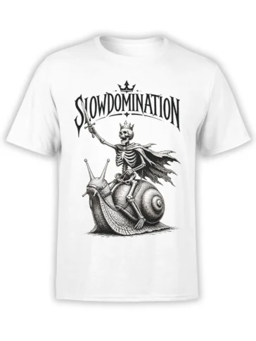 White T-shirt with crowned skeleton riding an armored snail beneath SLOW DOMINATION lettering