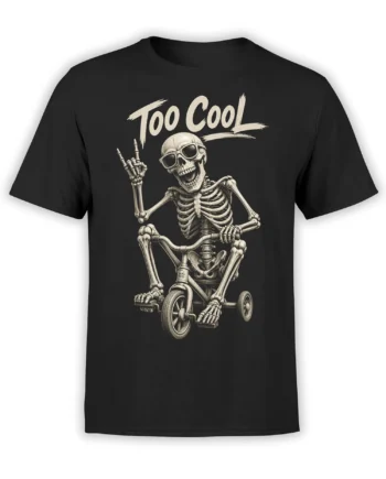 Too Cool skeleton wearing sunglasses and riding a tricycle on a black graphic T-shirt