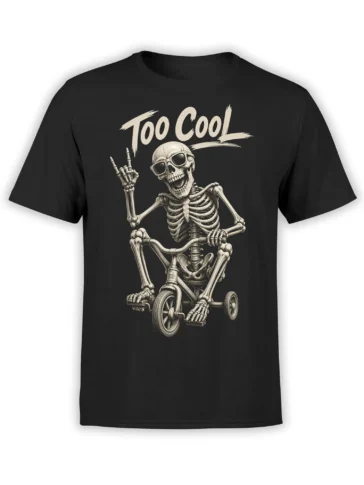 Too Cool skeleton wearing sunglasses and riding a tricycle on a black graphic T-shirt