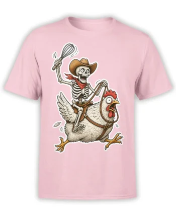 Skeleton cowboy riding a chicken with a whisk and reins on a pink graphic T-shirt