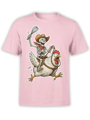 Skeleton cowboy riding a chicken with a whisk and reins on a pink graphic T-shirt