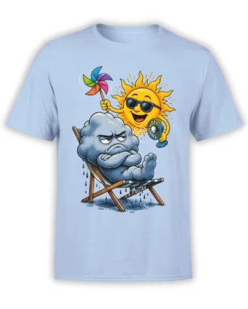Light blue T-shirt featuring a smiling sun with sunglasses and a grumpy rain cloud sitting in a deck chair