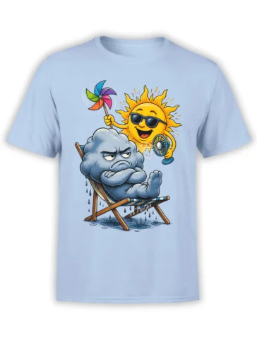 Light blue T-shirt featuring a smiling sun with sunglasses and a grumpy rain cloud sitting in a deck chair