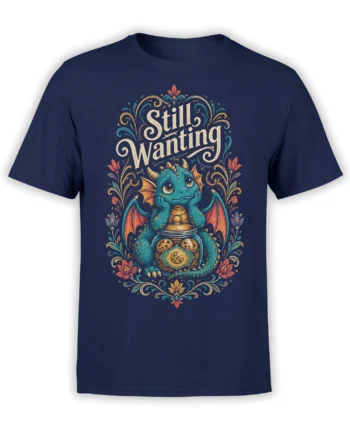 Teal dragon with orange wings and “Still Wanting” lettering on a navy graphic T-shirt