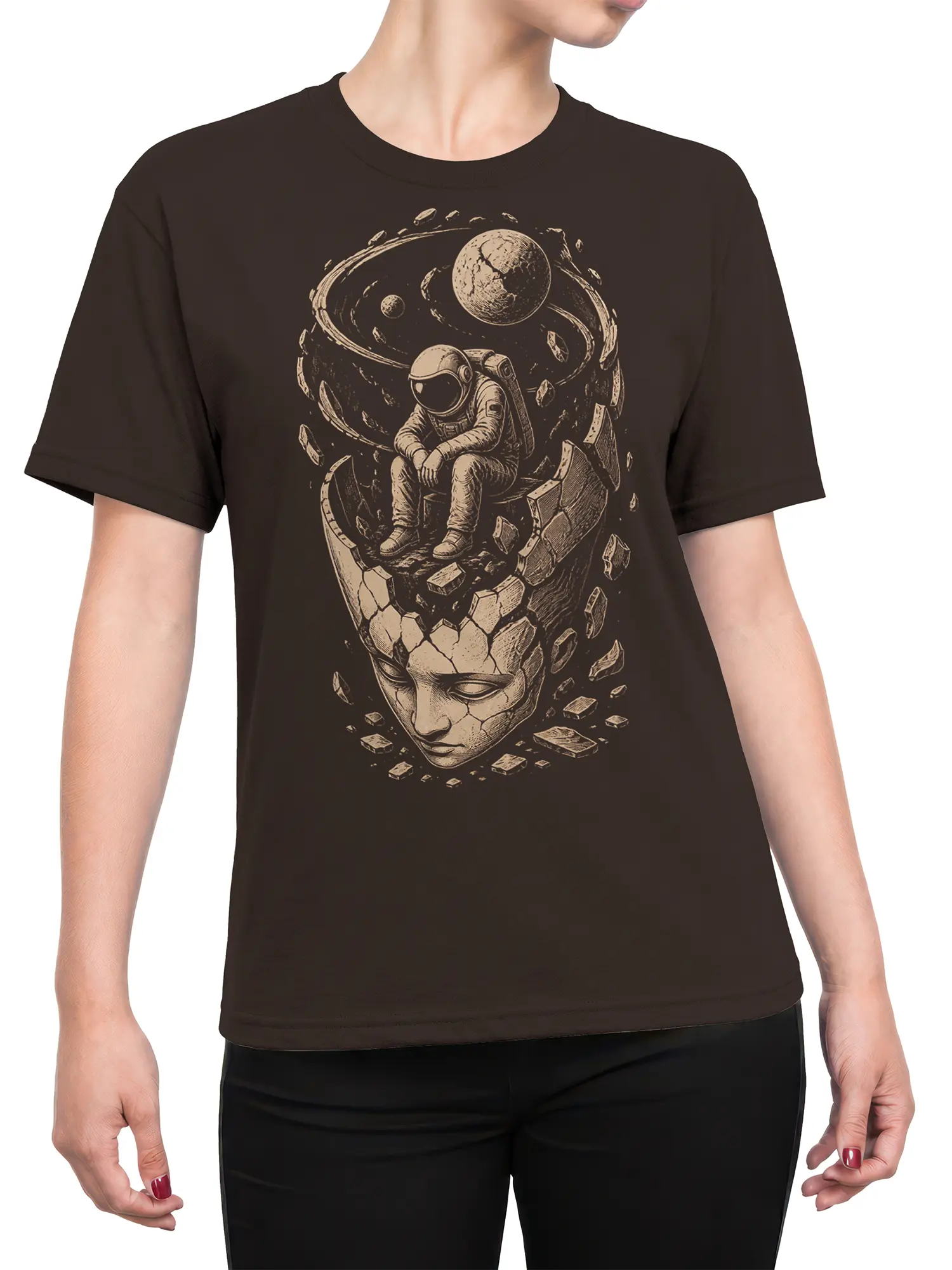Female torso wearing a brown T-shirt with a seated astronaut and cracked face space design