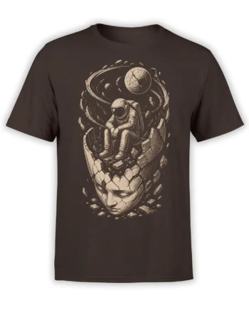 Vintage-style astronaut seated on a cracked human face with orbiting planets on a dark brown T-shirt