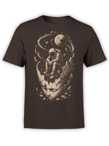 Vintage-style astronaut seated on a cracked human face with orbiting planets on a dark brown T-shirt