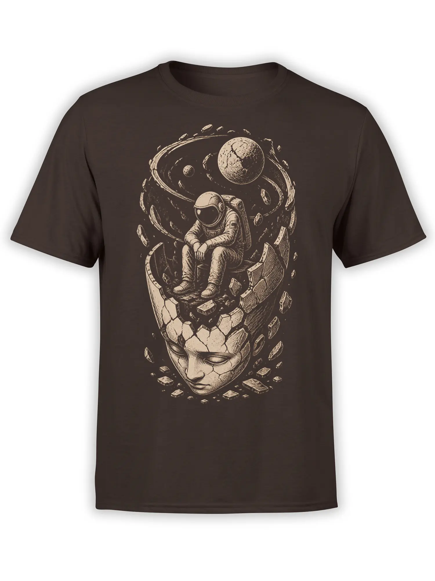 Vintage-style astronaut seated on a cracked human face with orbiting planets on a dark brown T-shirt