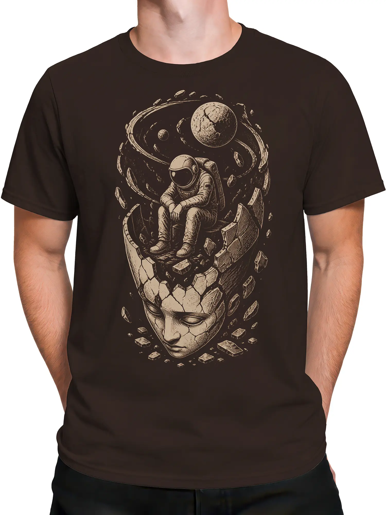 Male torso wearing a dark brown T-shirt with an astronaut and orbiting planets