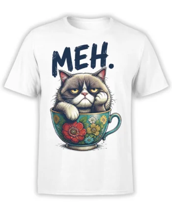White T-shirt with an unimpressed cat in a floral teacup and bold “MEH.” lettering
