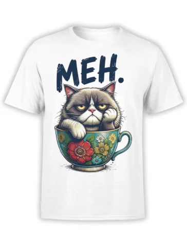 White T-shirt with an unimpressed cat in a floral teacup and bold “MEH.” lettering
