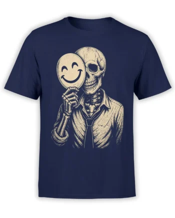 Smiling skeleton in a suit holding a happy-face sign on a navy skeleton T-shirt