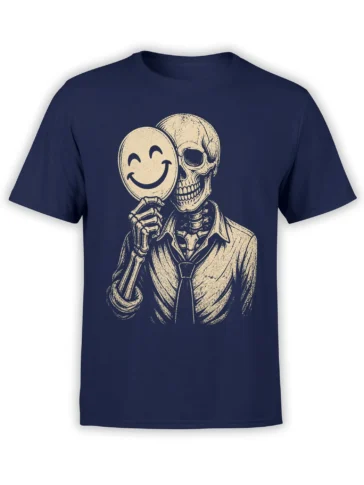 Smiling skeleton in a suit holding a happy-face sign on a navy skeleton T-shirt