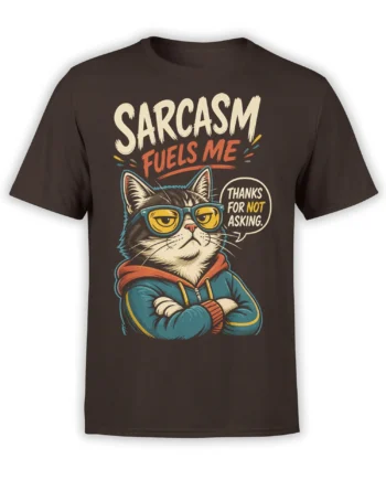 Sarcastic cat in yellow glasses and blue hoodie printed on a brown T-shirt with bold lettering