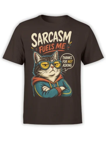 Sarcastic cat in yellow glasses and blue hoodie printed on a brown T-shirt with bold lettering
