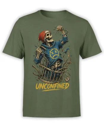 Unconfined skeleton breaking through a cage with chains and yellow lettering on a green T-shirt