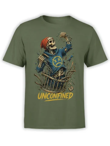 Unconfined skeleton breaking through a cage with chains and yellow lettering on a green T-shirt