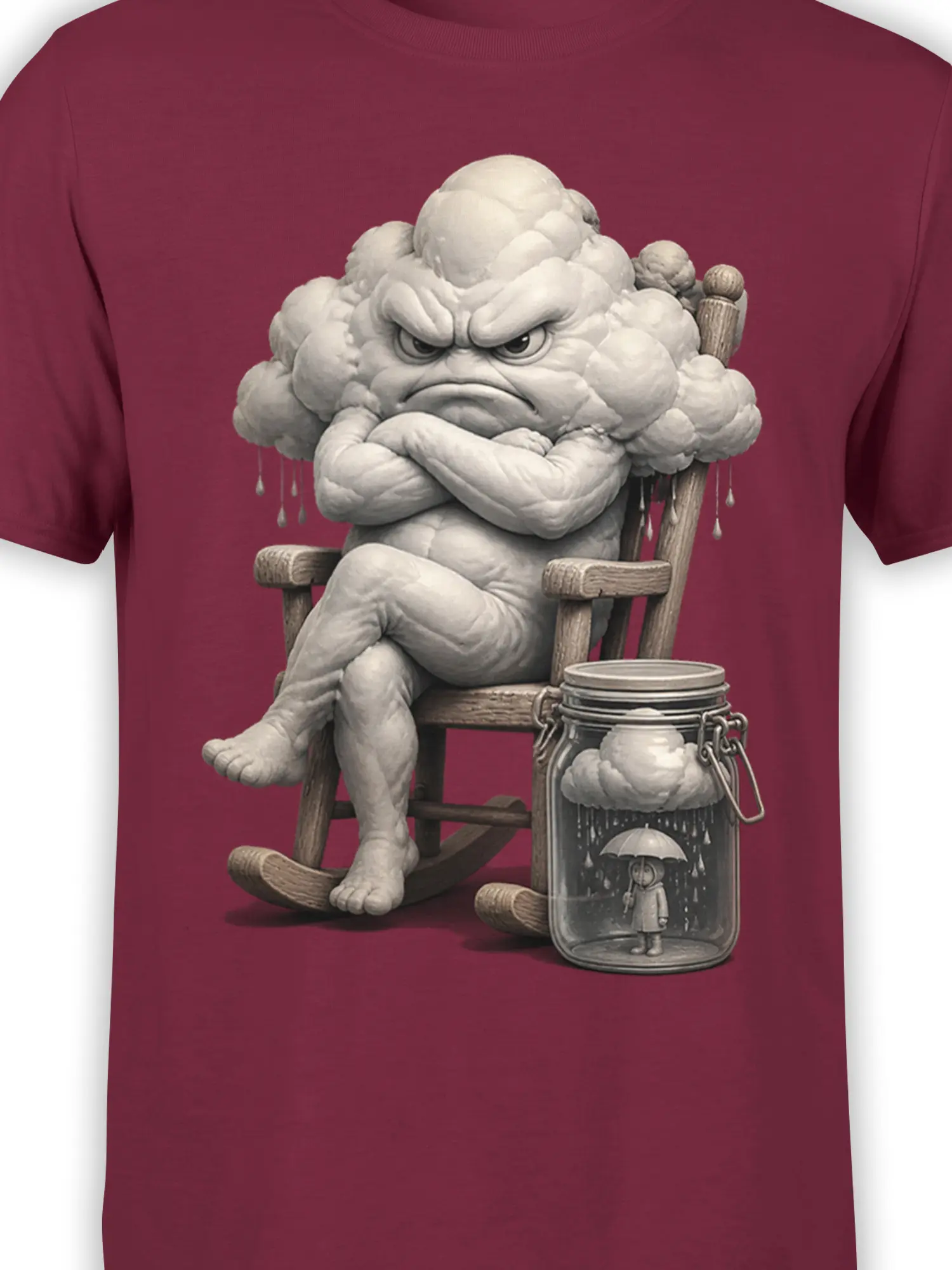 Close-up of the grumpy rain cloud face, folded arms, rocking chair, and rainy jar on burgundy fabric