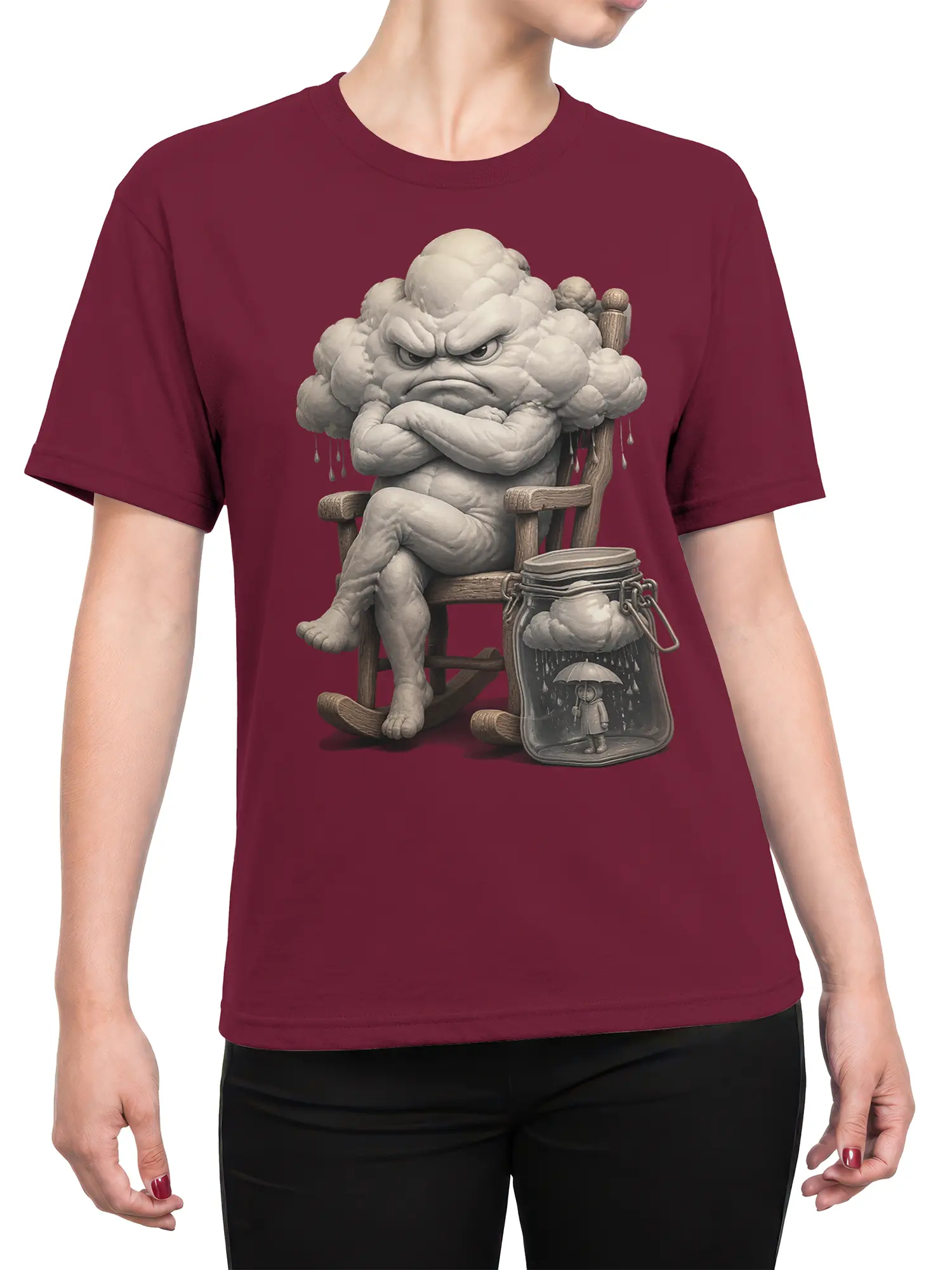 Female torso wearing a burgundy T-shirt with a grumpy storm cloud and rainy jar illustration