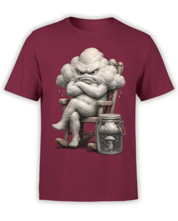 Grumpy grayscale storm cloud in a rocking chair beside a rainy jar on a burgundy T-shirt