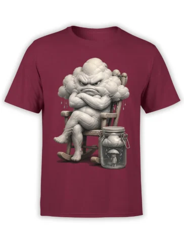 Grumpy grayscale storm cloud in a rocking chair beside a rainy jar on a burgundy T-shirt