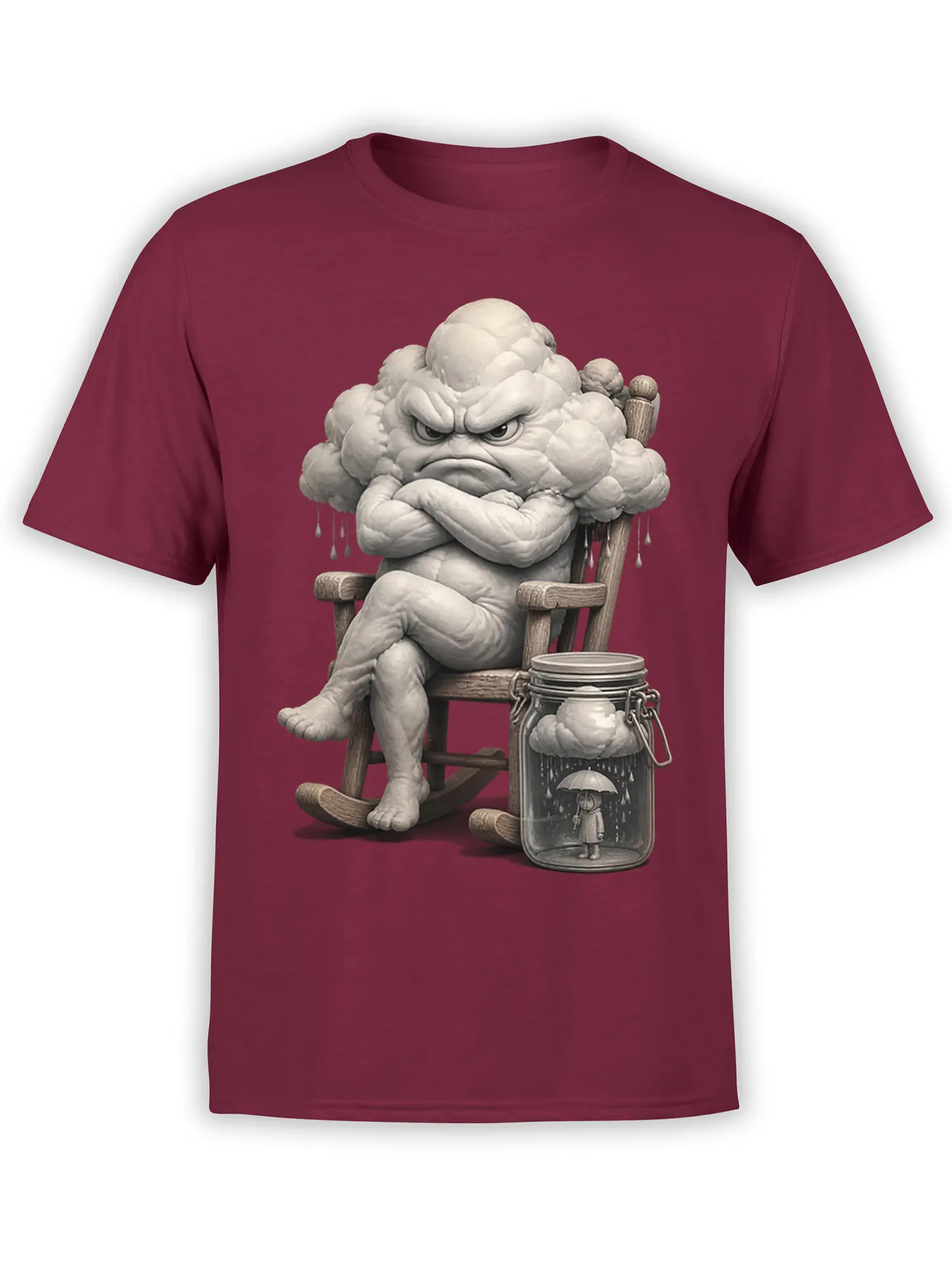 Grumpy grayscale storm cloud in a rocking chair beside a rainy jar on a burgundy T-shirt