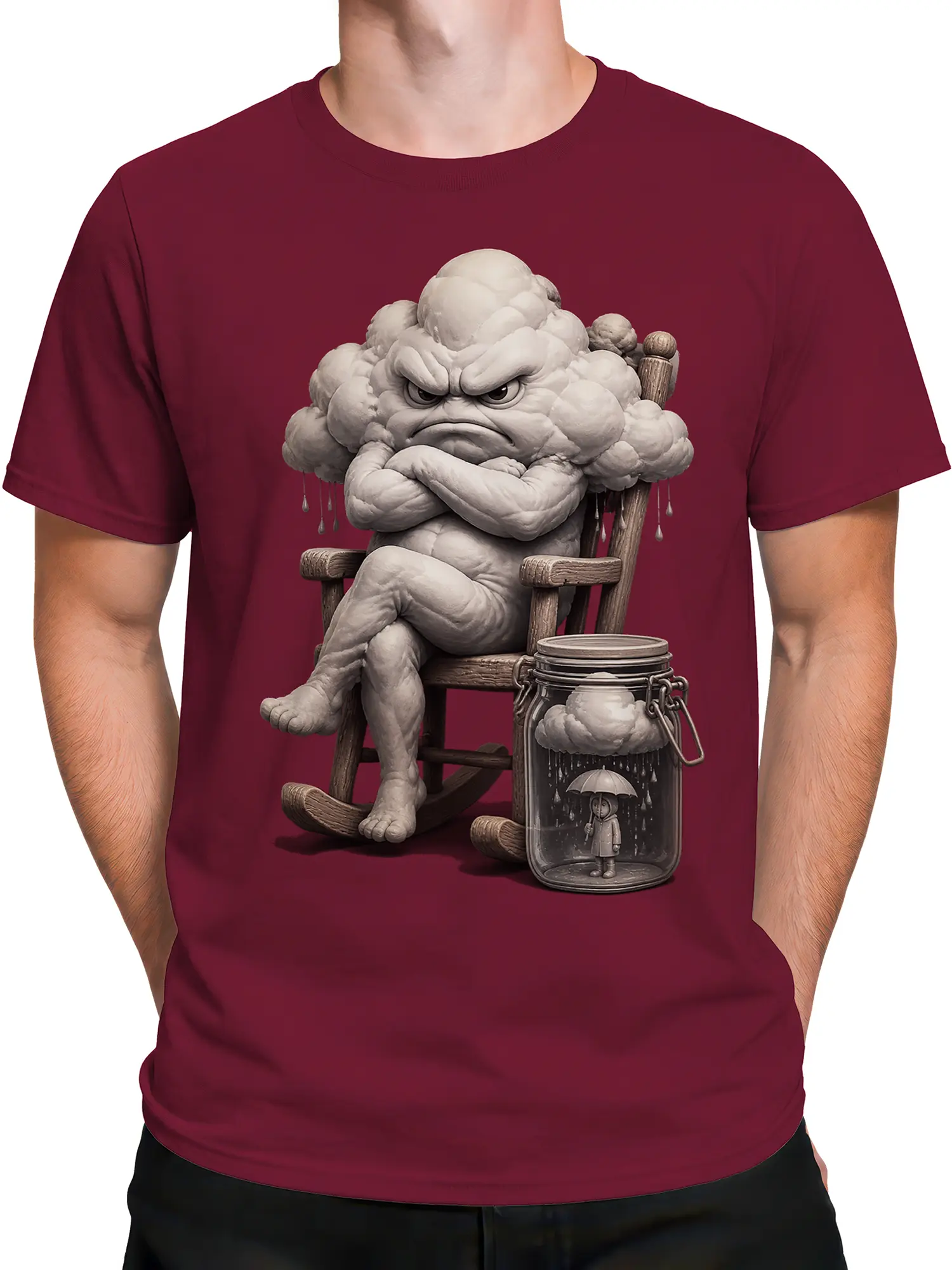 Male torso wearing a burgundy T-shirt with a grumpy cloud in a rocking chair