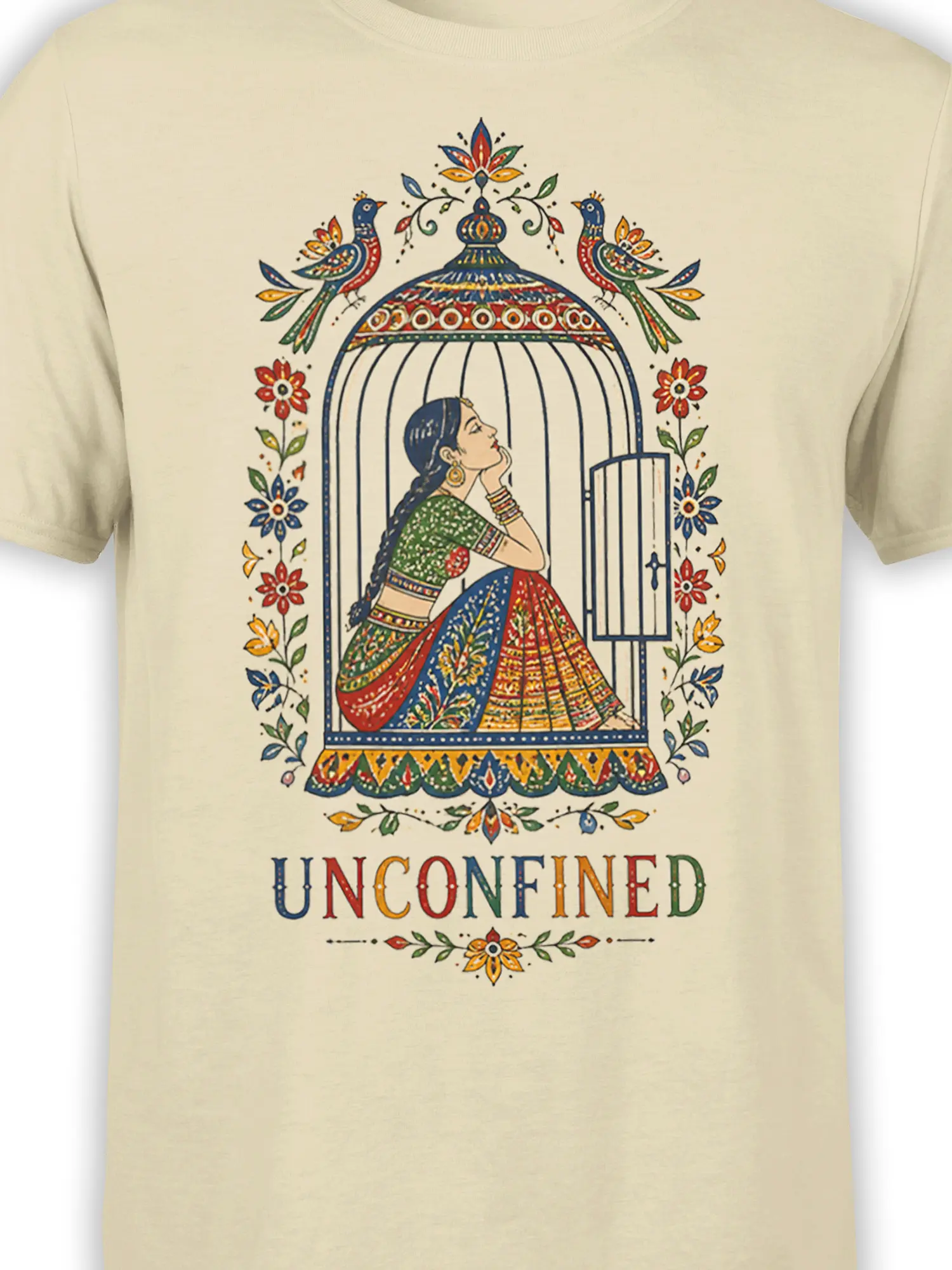 Close-up of colorful birdcage woman artwork and UNCONFINED text on a beige T-shirt