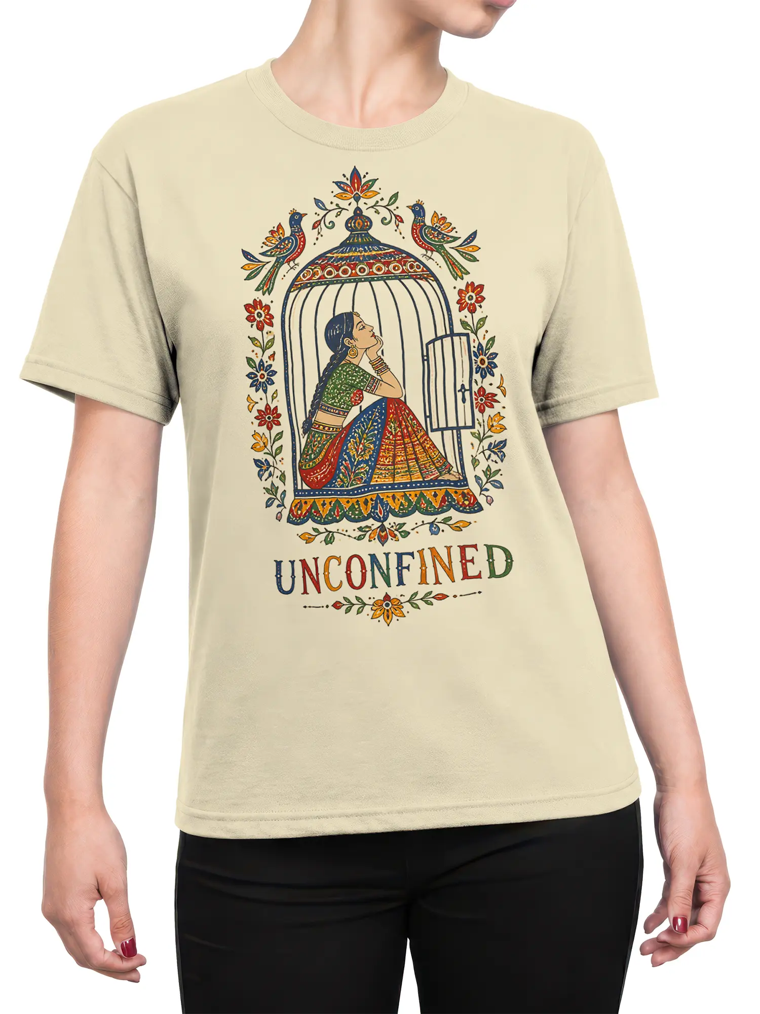 Female torso wearing a beige T-shirt with colorful open birdcage woman artwork and UNCONFINED text