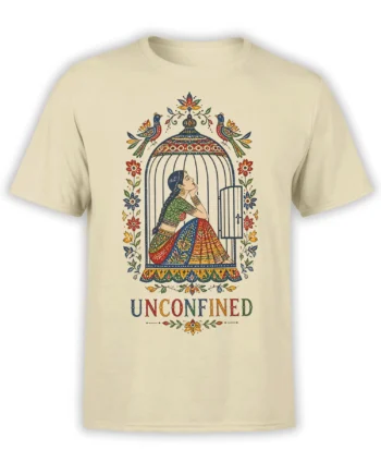 Beige T-shirt with a colorful woman in an ornate open birdcage and UNCONFINED lettering