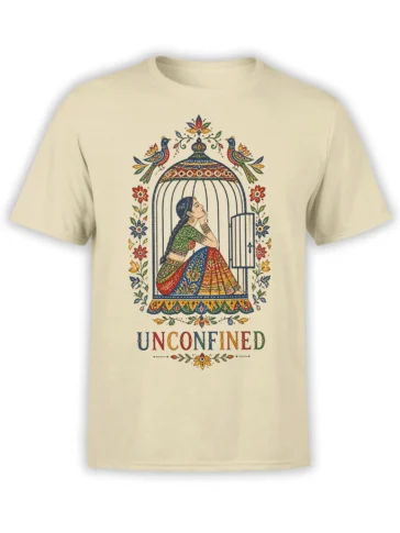 Beige T-shirt with a colorful woman in an ornate open birdcage and UNCONFINED lettering